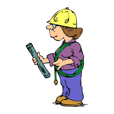 Soyut bir vektör illüstrasyonunda, elinde çizim ve hortumla kağıt rulo tutan bir kadın görülüyor.