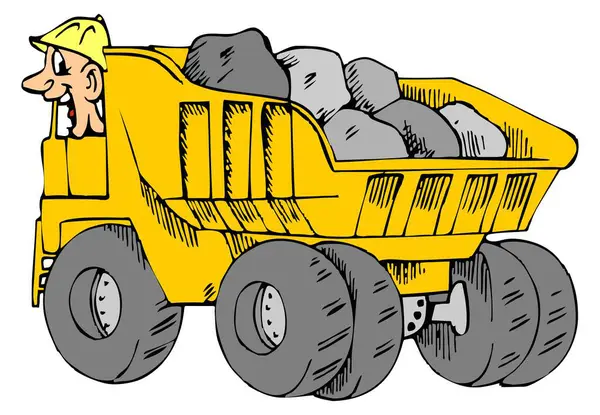 Soyut bir vektör illüstrasyonuna göre, işçi bir adam çizgi film tarzında inşaat kamyonu kullanıyor.