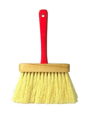 Kırmızı saplı bir boya fırçası, ahşap bir taban ve sarı kıllar.