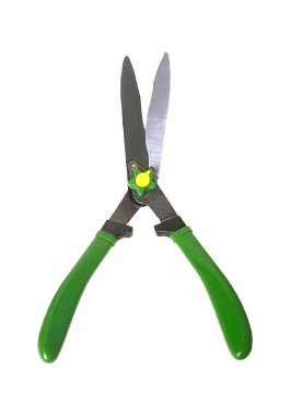 Yeşil saplı budama makası ve metalik bıçaklar, sarı bir ayarlama düğmesi