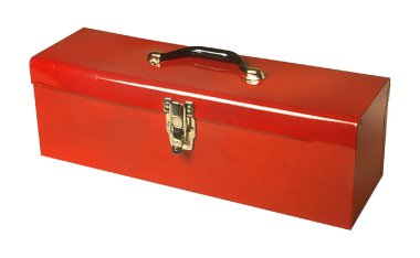 Siyah saplı ve metal mandallı kırmızı metal bir alet kutusu.