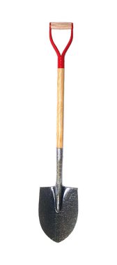 Tahta saplı yuvarlak bir kürek, kırmızı metal D-tutuş ve geniş metal bir bıçak.