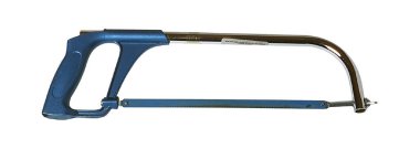 Mavi saplı bir demir testere ve değiştirilebilir bir bıçakla metal çerçeve.