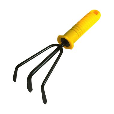 Üç çatallı el işleyicisi kıvrımlı siyah metal dişli ve parlak sarı ergonomik kabzalı.