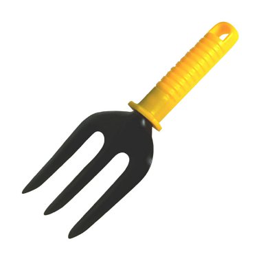Üç kıvrımlı siyah metal dişli ve parlak sarı ergonomik saplı küçük bir bahçe çatalı.