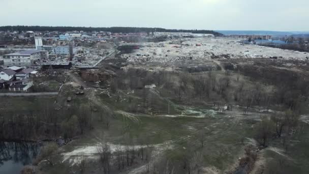 Aerial View Amazing Lake Garbage Dump Covering Garbage Ground Dumping — Stock Video