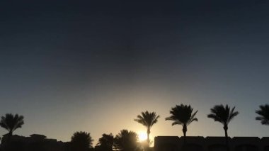 Rüzgarda sallanan palmiye ağaçlarıyla romantik günbatımı zamanı. İnsanlar ön plandan geçer, sakin tropik manzaraya hayat katar..