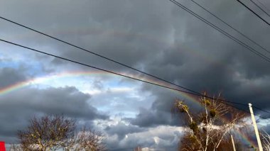 Karanlık, kasvetli gökyüzünde canlı bir gökkuşağı beliriyor. Aşağıda, yapraksız ağaç siluetleri ve elektrik hatları var. Bu atmosferik açık hava sahnesinde dramatik bir kontrastlık.