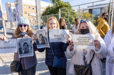 Huelva, Spain - January 13, 2023: Protest concentration of health workers and patients at the Torrejon de Huelva health center against the aggression received by a doctor the day before