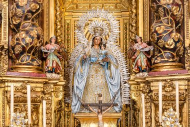 Seville, Spain - January 4, 2023: Image of Madre de Dios del Rosario (Mother of God of the Rosary), Patrona de Capataces y Costaleros (Patron Saint of Foremen and Bearer) Inside the parish Santa Ana