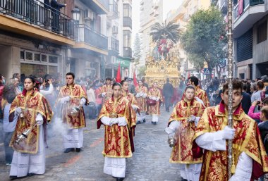 Huelva, Spain - April 10, 2022: Throne or platform of the paso of Jesus Christ riding a donkey of the Brotherhood of the La Borriquita, in the Palm Sunday procession by the narrow streets of the city