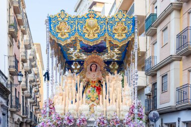 Holy Week Procession of the Paso (Platform or Throne) Our Lady of the Angels, Nuestra Senora de Los Angeles, through the streets of the city of Huelva, Andalusia, Spain, La Borriquita brotherhood
