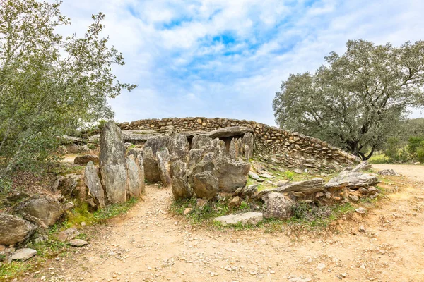 stock image Dolmen number 6 of Megalithic formation of Dolmen de El Pozuelo. The archaeological site of El Pozuelo is located on rustic land in the municipality of Zalamea la Real, in Huelva, Andalusia, Spain