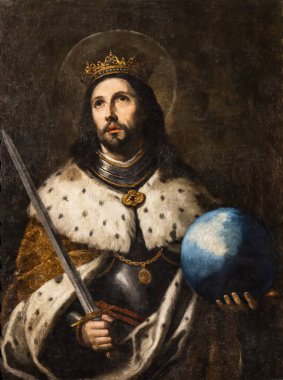 Seville, İspanya - 11 Mart 2023: Aziz Ferdinand, Murillo 'lu San Fernando adlı resim Bartolome Esteban Murillo tarafından, Santa Maria la Blanca Kilisesi' nin içindeki bir duvara asıldı..