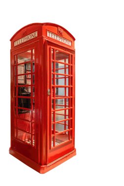 Londra telefon kulübesi. Londra 'daki kırmızı telefon beyaz arka planda izole edildi