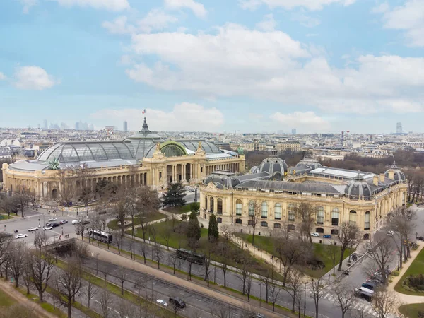 stock image Aerial drone view of the Great Palace of the Elysian Fields (in French Grand Palais des les Champs-elyses), is a historic site, exhibition hall and museum complex located at the Champs-elyses