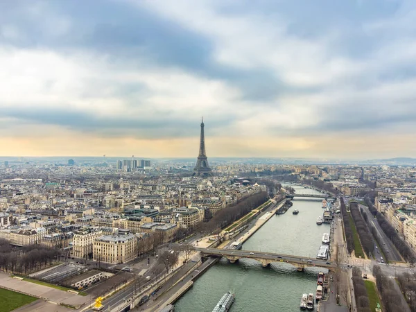 Légi Drón Városkép Párizs Franciaország Eiffel Torony Felett Szajna Pont — Stock Fotó