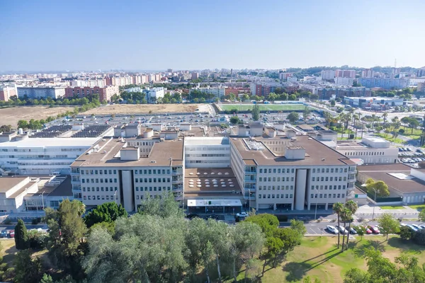 stock image Aerial panoramic drone view of the Juan Ramon Jimenez University Hospital, a public hospital complex belonging to the Andalusian Health Service located in the Spanish city of Huelva