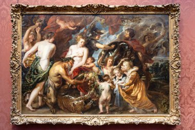 Londra, İngiltere - 19 Mayıs 2023: Minerva, Londra 'da üretilen Peter Paul Rubens' in bir tablosu olan Pax 'i Mars' tan veya Barış ve Savaştan koruyor.