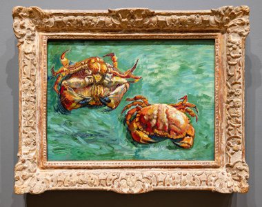 Londra, İngiltere - Mayıs 2023: Vincent van Gogh 'un iki yengeç resmi. İki yengeçten oluşan sakin bir hayat. Biri sırtında diğeri dik. 1889 'dan beri Londra' daki Ulusal Galeri 'de yağlı boya kullanılmaktadır.