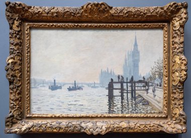 Londra, İngiltere - 19 Mayıs 2023: Fransız Empresyonist Claude Monet tarafından Westminster 'ın altındaki Thames, Londra Ulusal Galerisi' nde ifşa edildi.