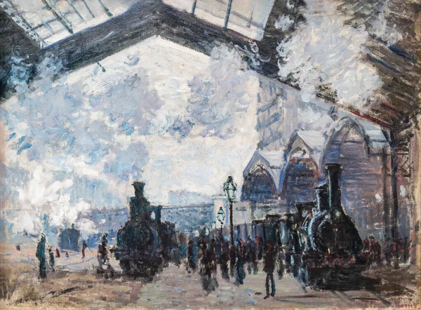 Londra, İngiltere - 19 Mayıs 2023: The Gare St-Lazare Yazan Claude Monet. Bu tablo, Monet 'nin 1877' nin başlarında yaptığı Gare Saint-Lazare tablosunun bir düzine görüntüsünden biridir. Londra Ulusal Galerisi 'nde açıkta.