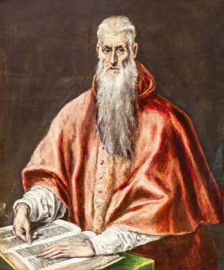London, UK - May 19,2023: Saint Jerome as Cardinal, painting possibly by El Greco, exposed at National Gallery of London, England, United Kingdom