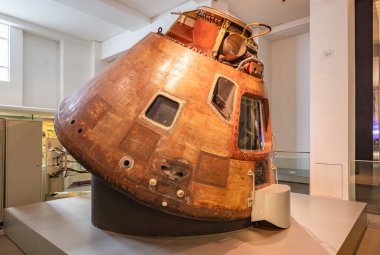 London, UK - May 19, 2023: Apollo 10 lunar capsule, the first spacecraft to orbit the moon with the second Apollo mission, exposed at Science Museum of London, England, UK