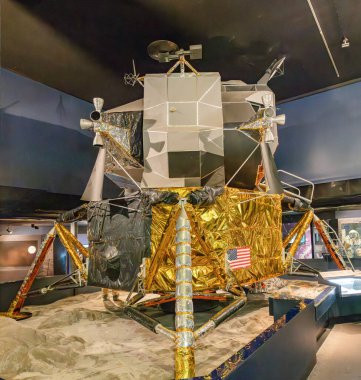 London, UK - May 19, 2023: Lunar Module Eagle LM-5, the spacecraft that served as the crewed lunar lander of Apollo 11, which was the first mission to land humans on the Moon, Science Museum of London