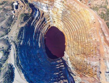 Corta Atalaya 'nın maden ocağındaki hava aracı görüntüsü. Minas de Riotinto, Huelva, Endülüs, İspanya 'da bakır ve altın madenlerinin derin kazısı ve çıkarılması