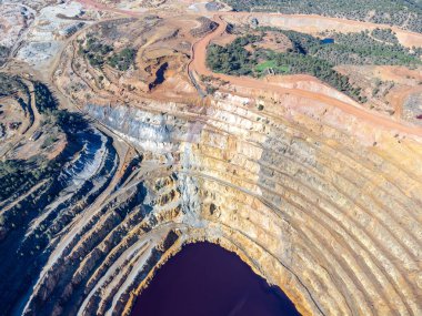 Corta Atalaya 'nın maden ocağındaki hava aracı görüntüsü. Minas de Riotinto, Huelva, Endülüs, İspanya 'da bakır ve altın madenlerinin derin kazısı ve çıkarılması