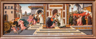 Dresden, Almanya - 28 Mayıs 2024: Saint Zenobius 'un yaşamından Episodes adlı Sandro Botticelli' nin yaptığı resim, üç sahnenin mucizesi ve Aziz Zenobius 'un ölümü,