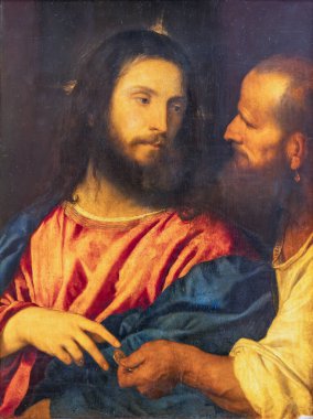 Dresden, Almanya - 28 Mayıs 2024: Tizian 'ın Haraç Parası adlı tablosu, son dönem Rönesans sanatçısı Titian' ın 1516 yılında yağlı boya tablosu, şu anda Almanya 'nın Dresden kentindeki Alte Meister' da bulunuyor.