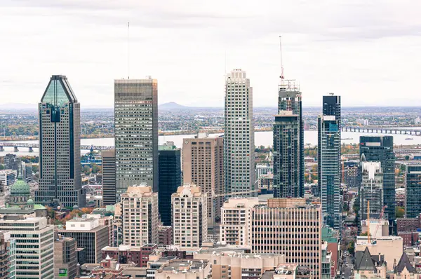 Şehir merkezindeki Montreals gökdelenleri, St. Lawrence nehrinin arka planı ve modern ve tarihi mimarinin bir karışımı ile canlı bir manzara..