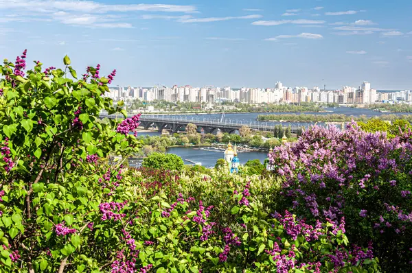 Kyiv 'in canlı bahar manzarası çiçek açan leylaklar, Dnipro Nehri ve şehrin ufuk çizgisi. Doğanın rengarenk bir karışımı ve şehir güzelliği tam çiçekle yakalandı..