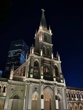 Singapore, Singapore: July 13, 2023- Cathedral Illuminated at Night