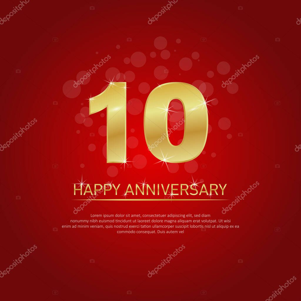 Tenth anniversary celebration on red background. golden number 10. happy anniversary. birthday or wedding party event decoration