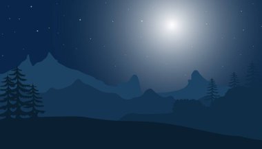 Geceleri Ay 'la kırsal alan. Bir sıra dağ, tepeler ve bir ağaç. Düz tasarım gece sıradağları. gece manzarası
