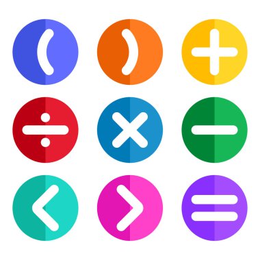 Renkli çemberler üzerinde hesaplamalar ve matematiksel işlemler. Matematiksel semboller. Matematik ikonu. vektör illüstrasyonu