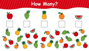 Kaç tane? Bütün meyveleri say ve numarayı kutuya yaz. Çocuklar için matematik oyunu. Sevimli renkli meyvelerle birlikte oyun saymak. vektör illüstrasyonu