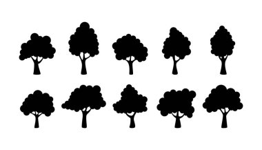 Beyaz arka planda izole edilmiş ağaç silueti. Siluet ağacı çizim seti. Çeşitli boyutlarda ve şekillerde ağaç siluetleri. karikatür ağaçları izole