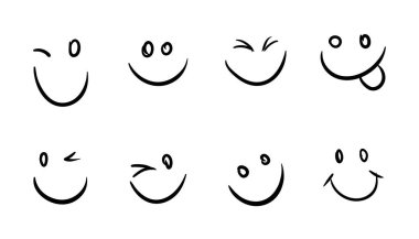Bir dizi yüz duygusu. Beyaz arka planda gülen surat koleksiyonu. Basit yüz hatları. farklı duygular