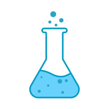 Renkli laboratuvar araştırma ikonu. Kimyasal test ikonu vektör çizelgesi. Kimya teması. Mavi kimyasal test tüpleri ikonu. matara laboratuarı simgesi