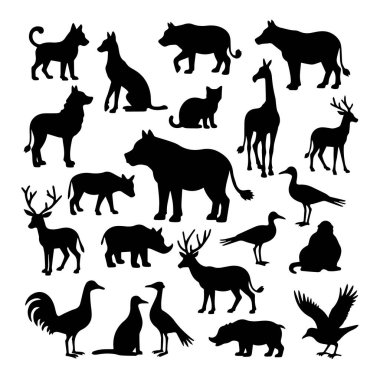 Bu resim, memeliler, kuşlar ve bir kedi gibi çeşitli hayvan siluetlerini gösteriyor. Hepsi de beyaz bir arkaplana karşı siyah renkle çizilmiş..