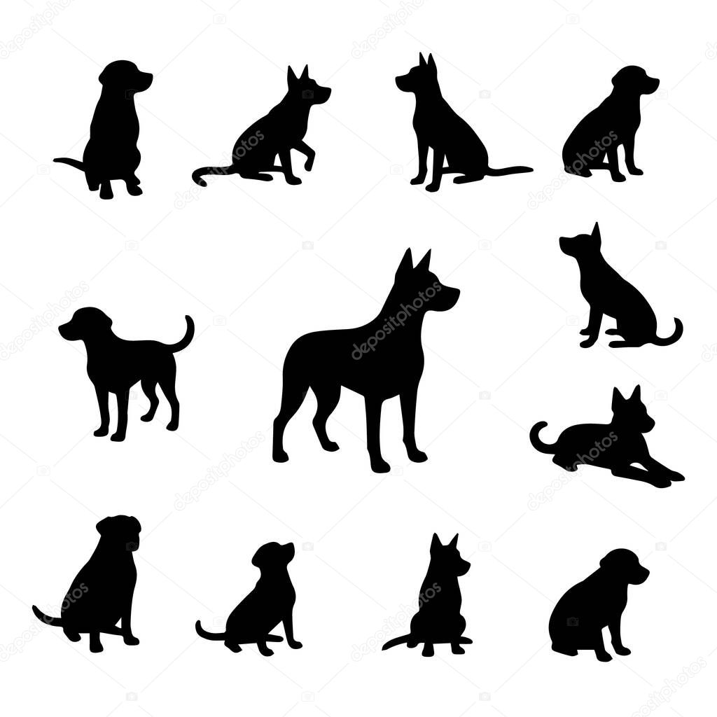 This image showcases twelve distinct black silhouettes of dogs.  The dogs are depicted in a variety of poses, including sitting, standing, and lying down.