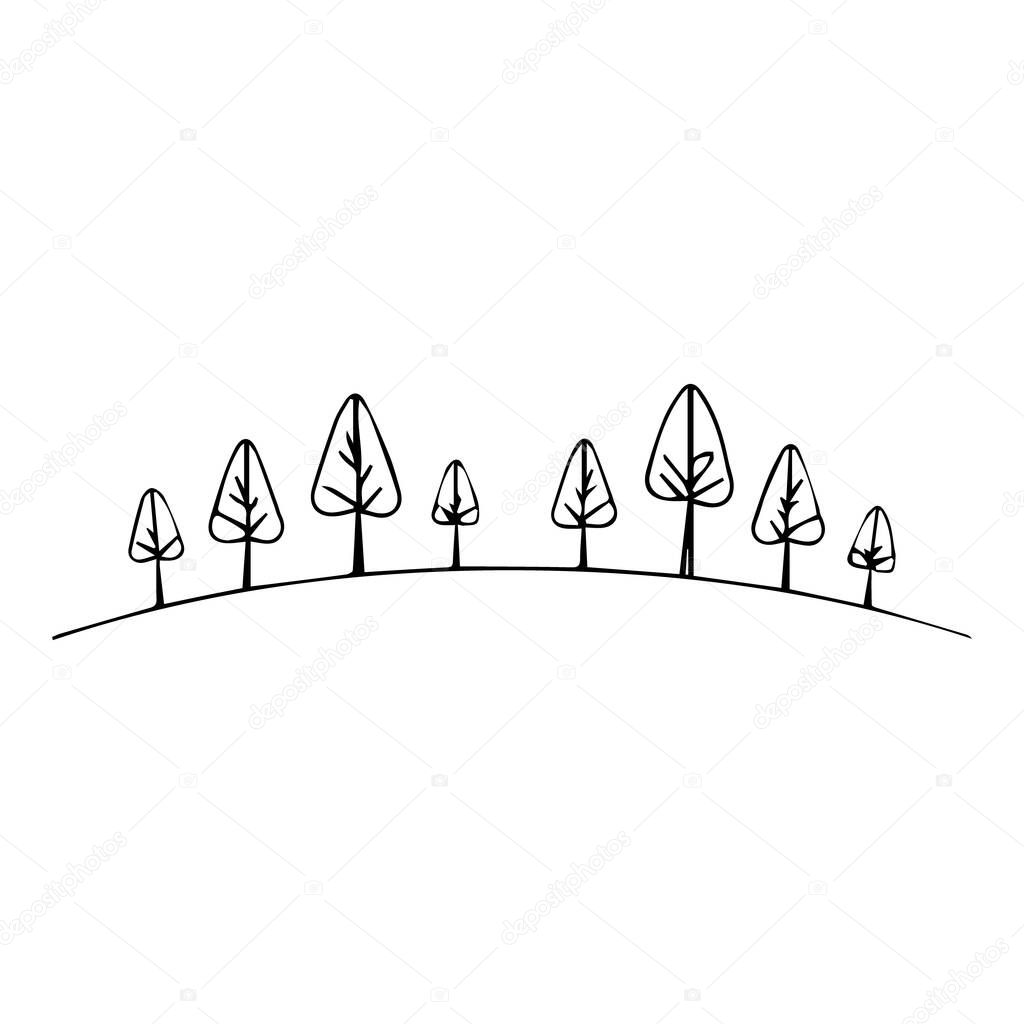 Simple line drawing of trees on a hill