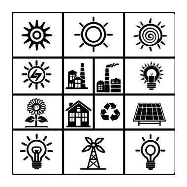Yenilenebilir enerji kaynakları simgeleri siyah ve beyaz olarak ayarlandı