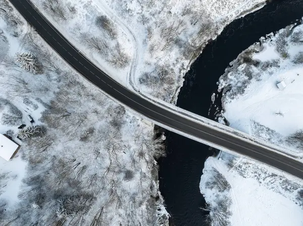 Estonya 'nın Tallinn kentindeki Pirita Nehri' nin kışın havadan görünüşü. Karla kaplı bir manzara, kıvrımlı nehri geçen parlak siyah bir yol köprüsü.