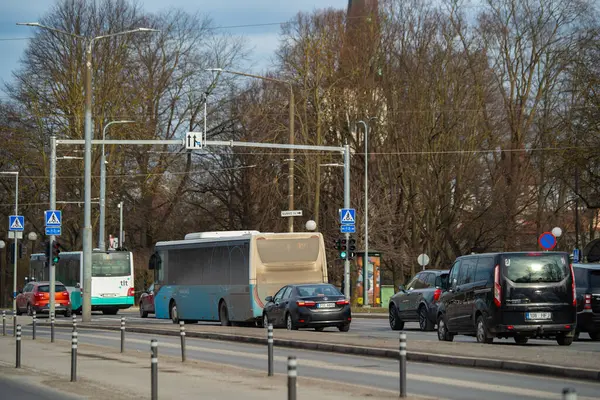 Tallinn, Estonya - 9 Mart 2025: Tallinn şehir merkezindeki işlek sokak sahnesi (Estonya - Kesklinn), Toompuiestee caddesi. Açık bir bahar gününde trafik ışıklarında arabalar ve otobüsler.