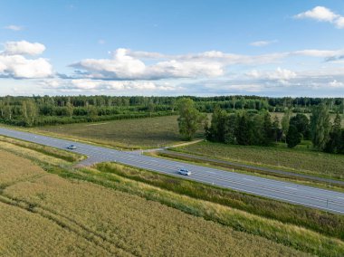 Güneşli bir yaz akşamında Tallinn-Tartu otoyolunun hava manzarasında altın buğday tarlaları ve yolda giden bir araba görülüyor. Tartu ilçesi, Estonya.